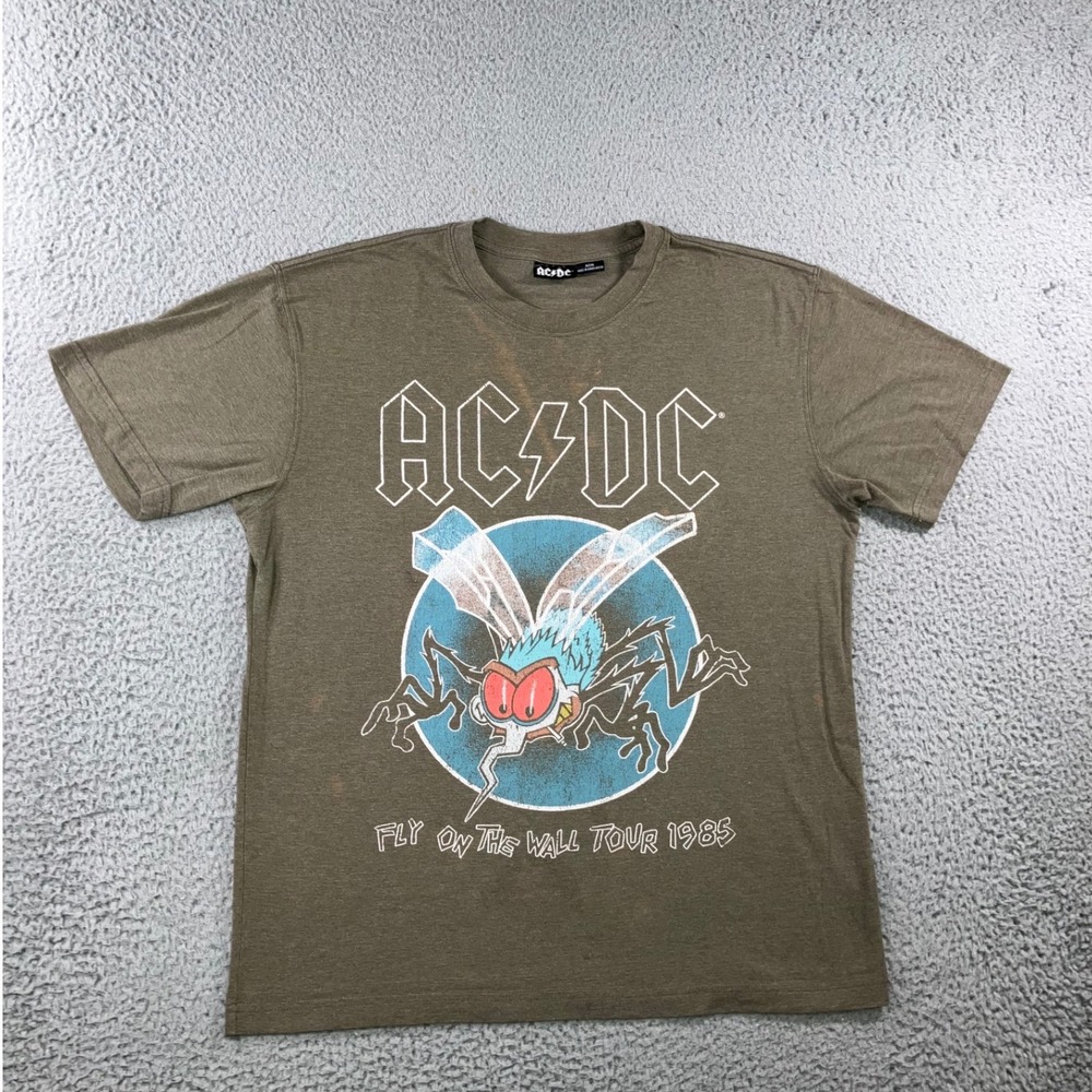 AC/DC Graphic T-Shirt Men M Fly On The Wall Tour 1985 Olive Brown Tee Bleached
